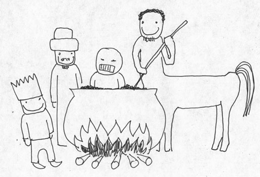 A man was having a bath in the cauldron. A pretty horse stirred the blood with a long ladle on the side.