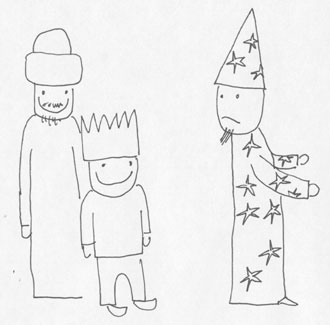 In the middle of the room they saw a magician. The magician looked sad because his head was put on the wrong way around.